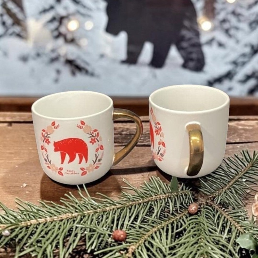 Threshold Beary Christmas Stoneware Coffee Cups, Set of 2, Red‎ Bear Design Mugs